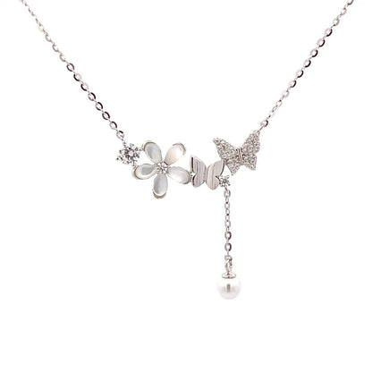 Blooming Butterfly Pearl Drop Pendant Chain (Pure Silver) - Silver
