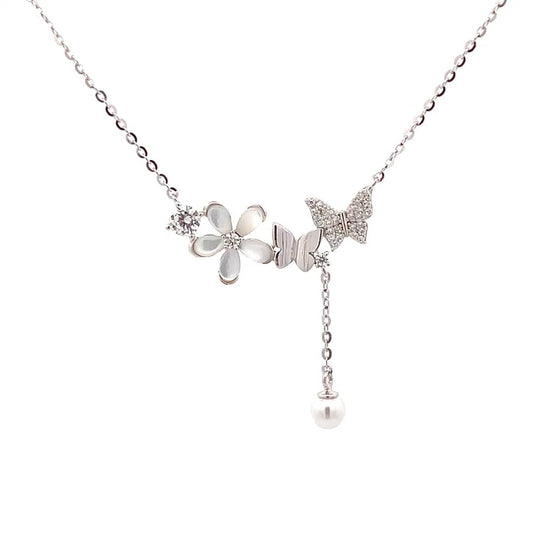 Blooming Butterfly Pearl Drop Pendant Chain (Pure Silver) - Silver