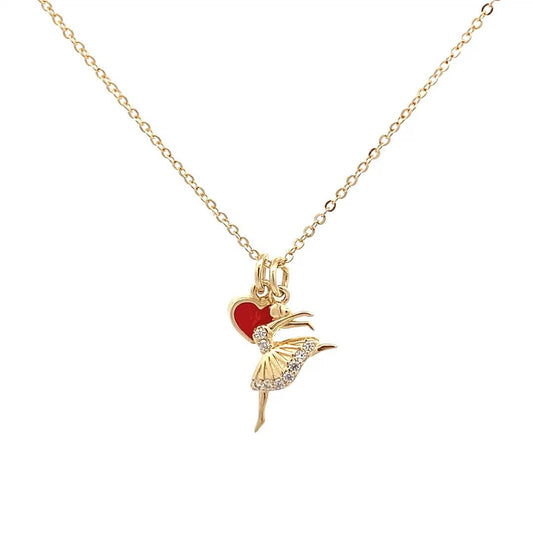Dancing Doll With Red Heart Pendant Chain (Pure Silver) - Gold