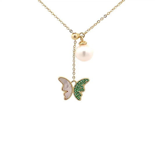 Green Butterfly Pearl Drop Pendant Chain (Pure Silver) - Gold