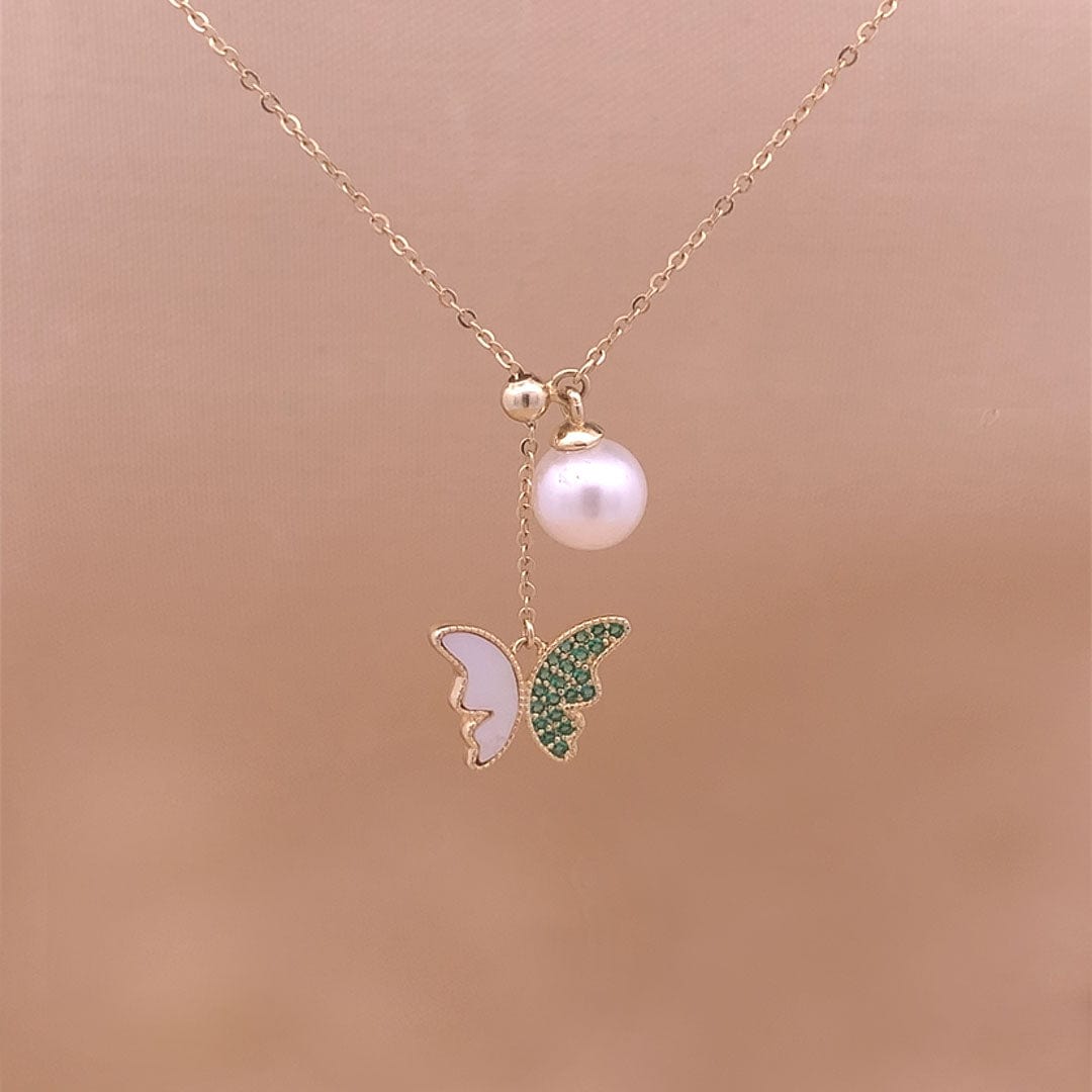 Green Butterfly Pearl Drop Pendant Chain (Pure Silver) - Gold
