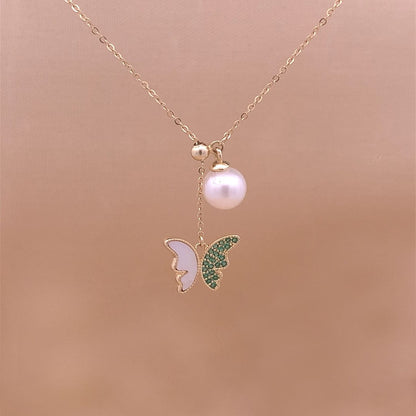Green Butterfly Pearl Drop Pendant Chain (Pure Silver) - Gold