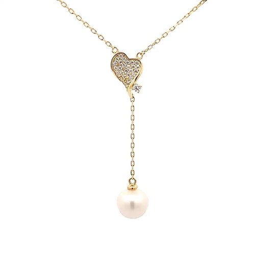 Twisted Heart Pearl Drop Pendant Chain (Pure Silver) - Gold