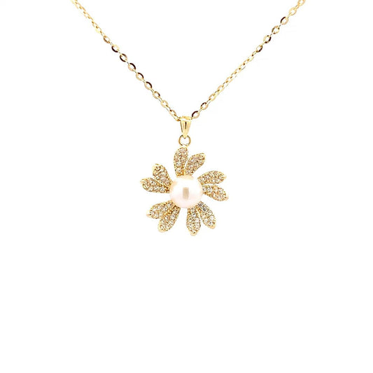Blooming Floral Pearl Pendant Chain (Pure Silver) - Gold