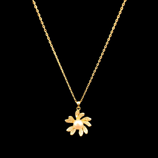 Blooming Floral Pearl Pendant Chain Gold