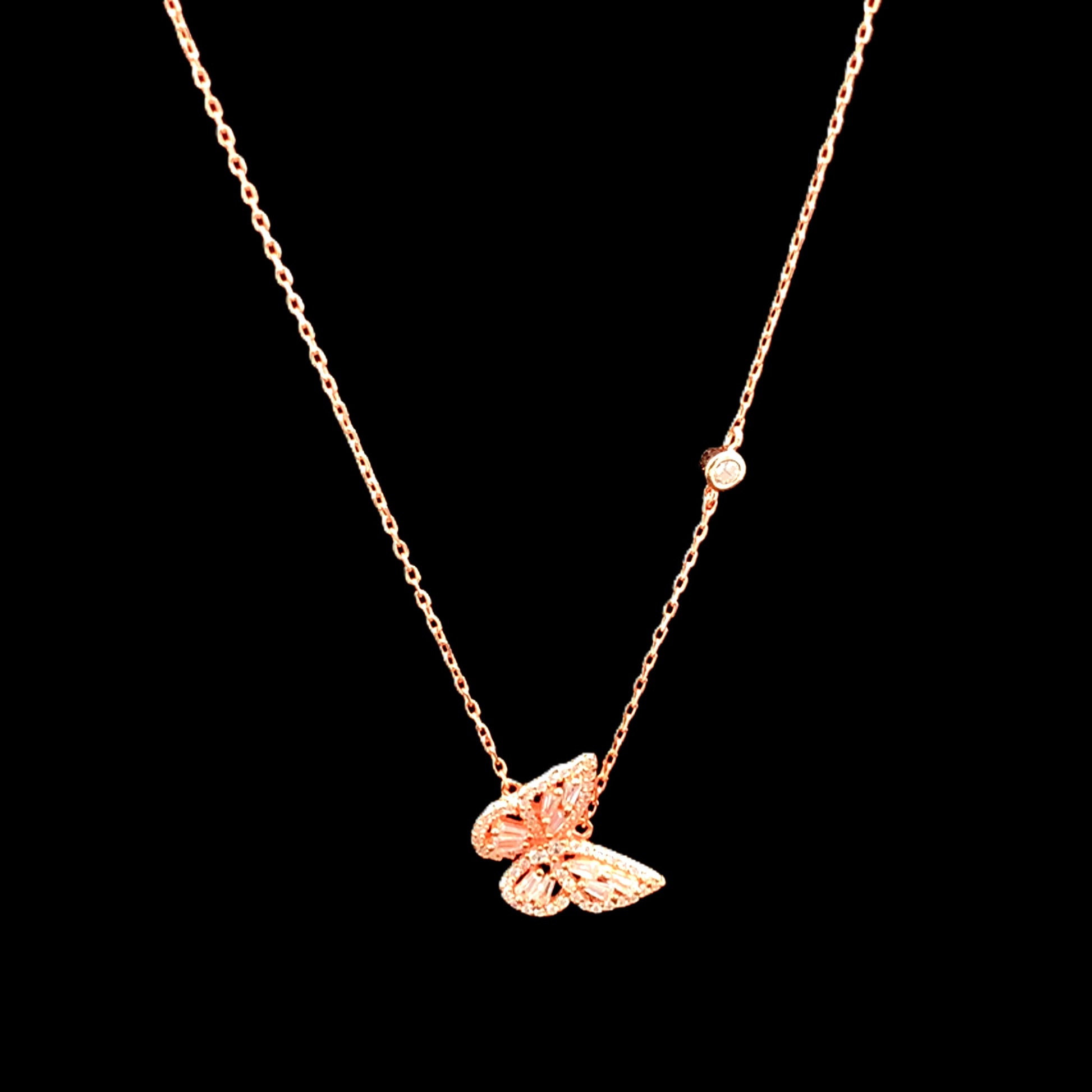 Baguette Butterfly Pendant Chain Rose Gold