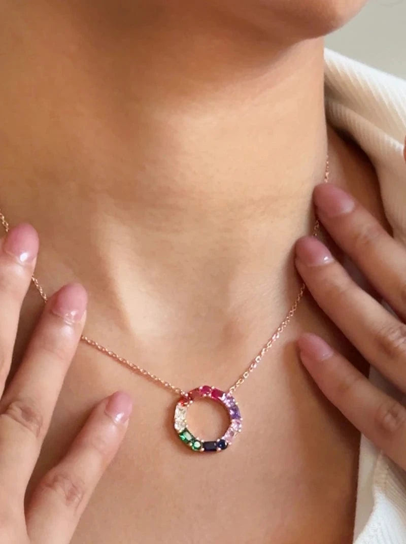 Rainbow Dazzle Halo Pendant Chain (Pure Silver) - Rose Gold