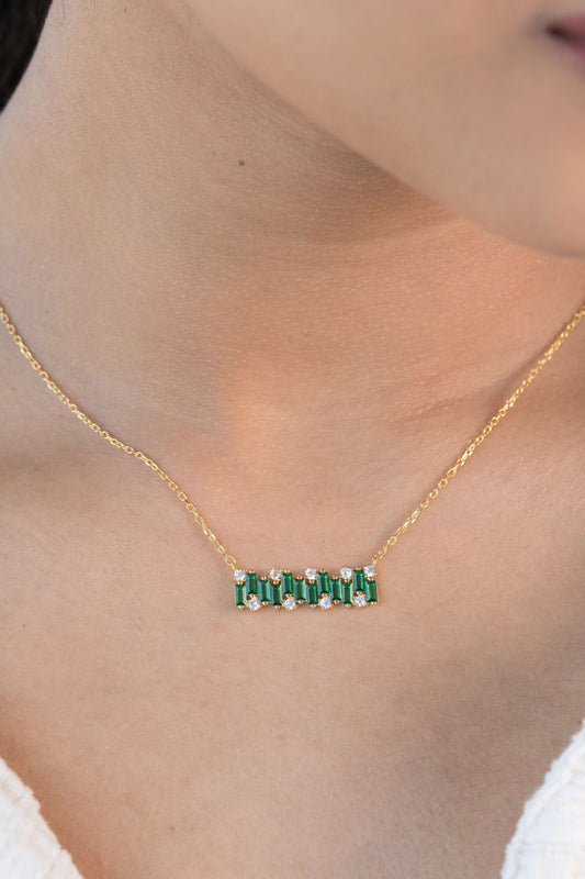 Green Baguette Bar Pendant Chain (Pure Silver) - Gold