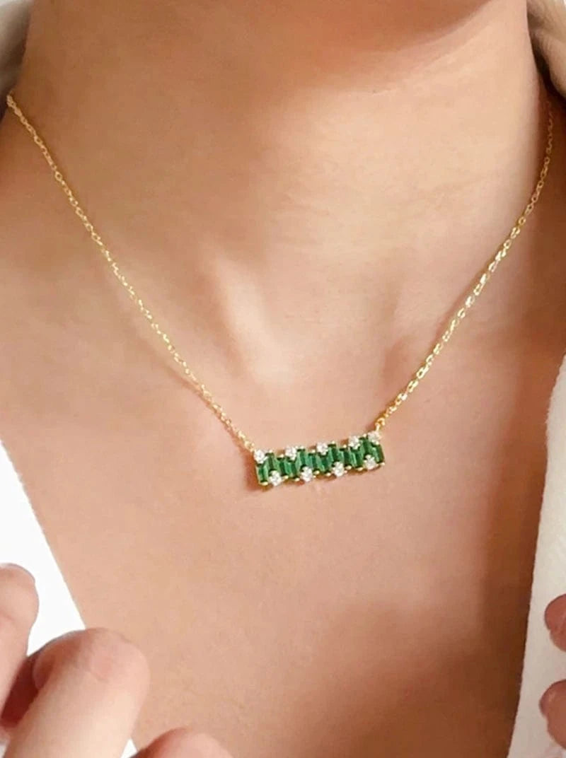 Green Baguette Bar Pendant Chain (Pure Silver) - Gold