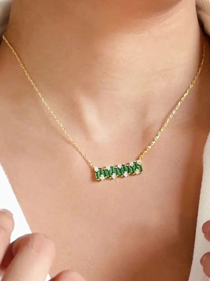 Green Baguette Bar Pendant Chain (Pure Silver) - Gold