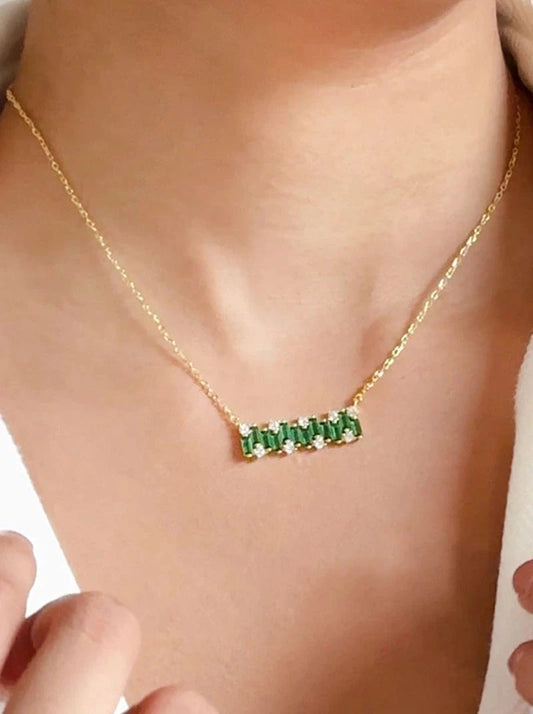 Green Baguette Bar Pendant Chain (Pure Silver) - Gold