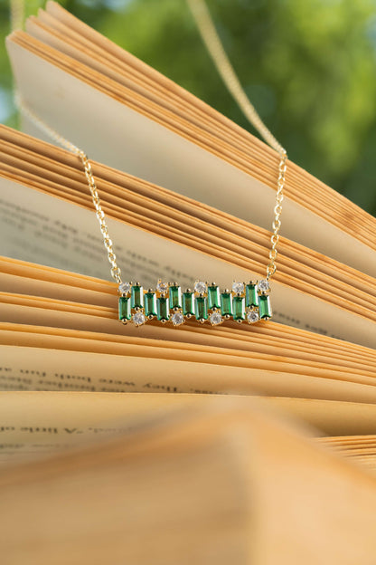 Green Baguette Bar Pendant Chain (Pure Silver) - Gold