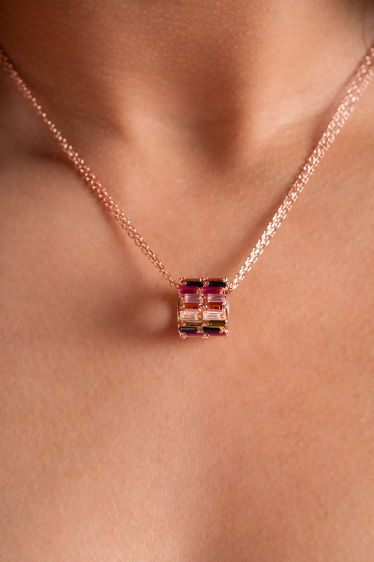 Rainbow Baguette Roll Pendant Chain (Pure Silver) - Rose Gold