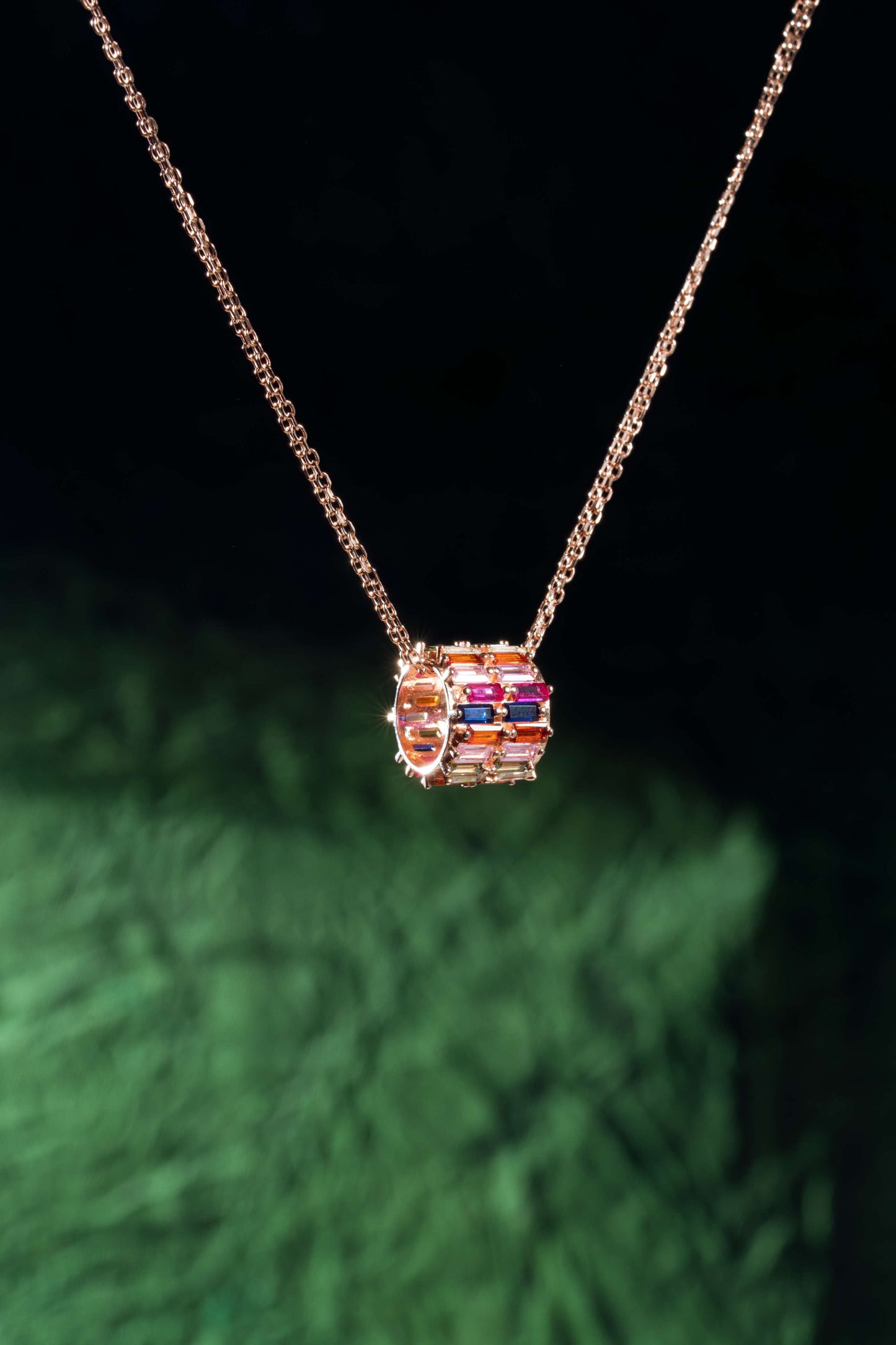 Rainbow Baguette Roll Pendant Chain (Pure Silver) - Rose Gold