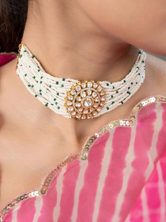 Jaipuri Pearl Polki Gulbandh (Pure Silver) - White