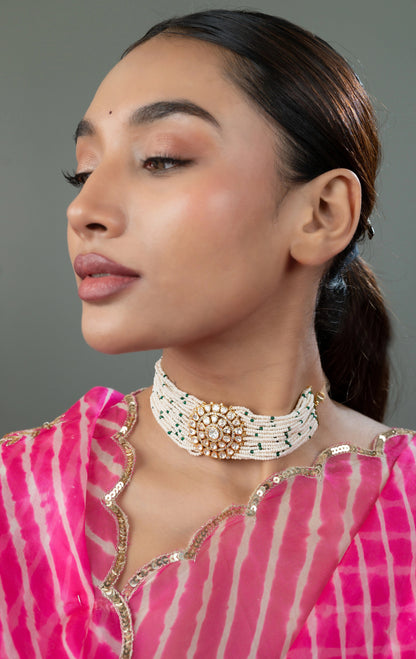 Jaipuri Pearl Polki Gulbandh (Pure Silver) - White