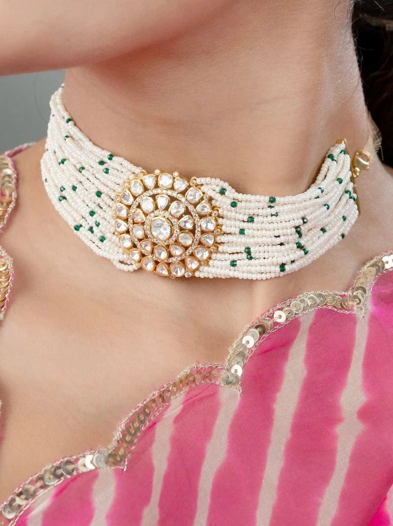 Jaipuri Pearl Polki Gulbandh (Pure Silver) - White