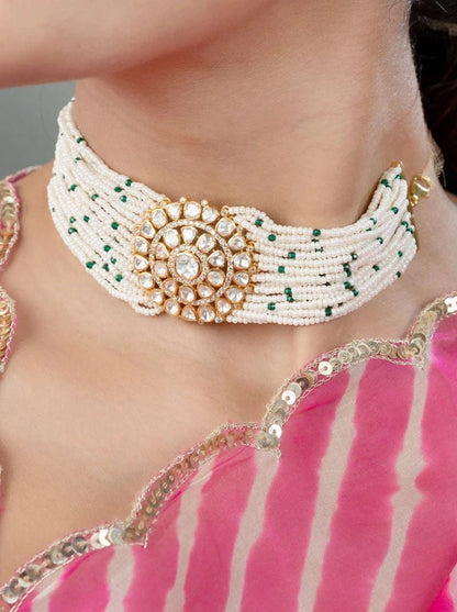 Jaipuri Pearl Polki Gulbandh (Pure Silver) - White