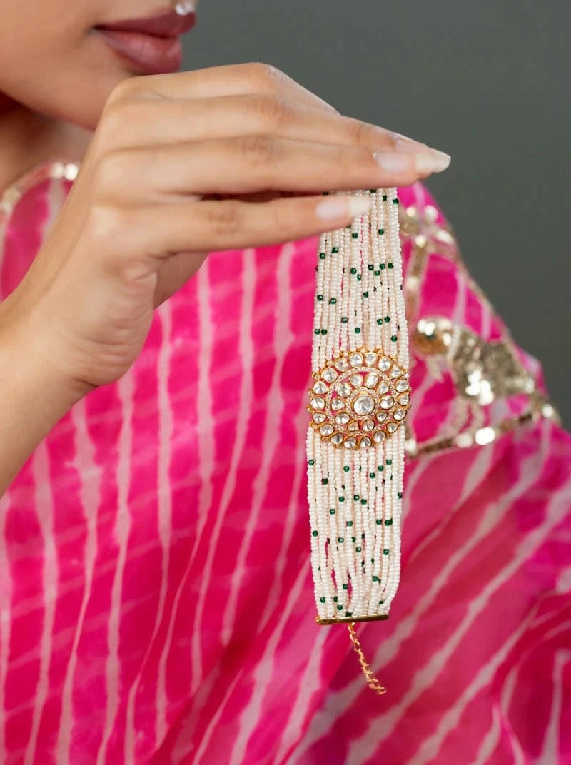 Jaipuri Pearl Polki Gulbandh (Pure Silver) - White