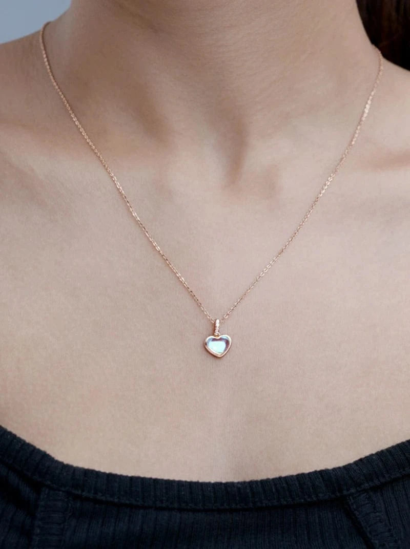 Rainbow Moonstone Heart Pendant Chain (Pure Silver) - Rose Gold