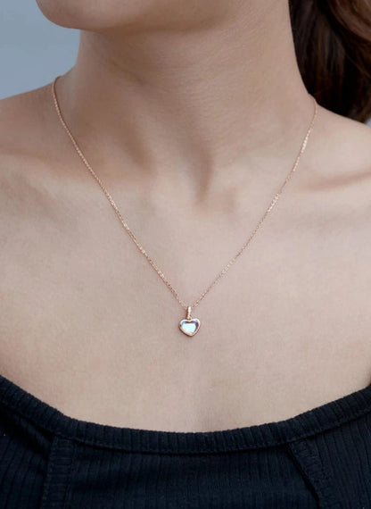 Rainbow Moonstone Heart Pendant Chain (Pure Silver) - Rose Gold