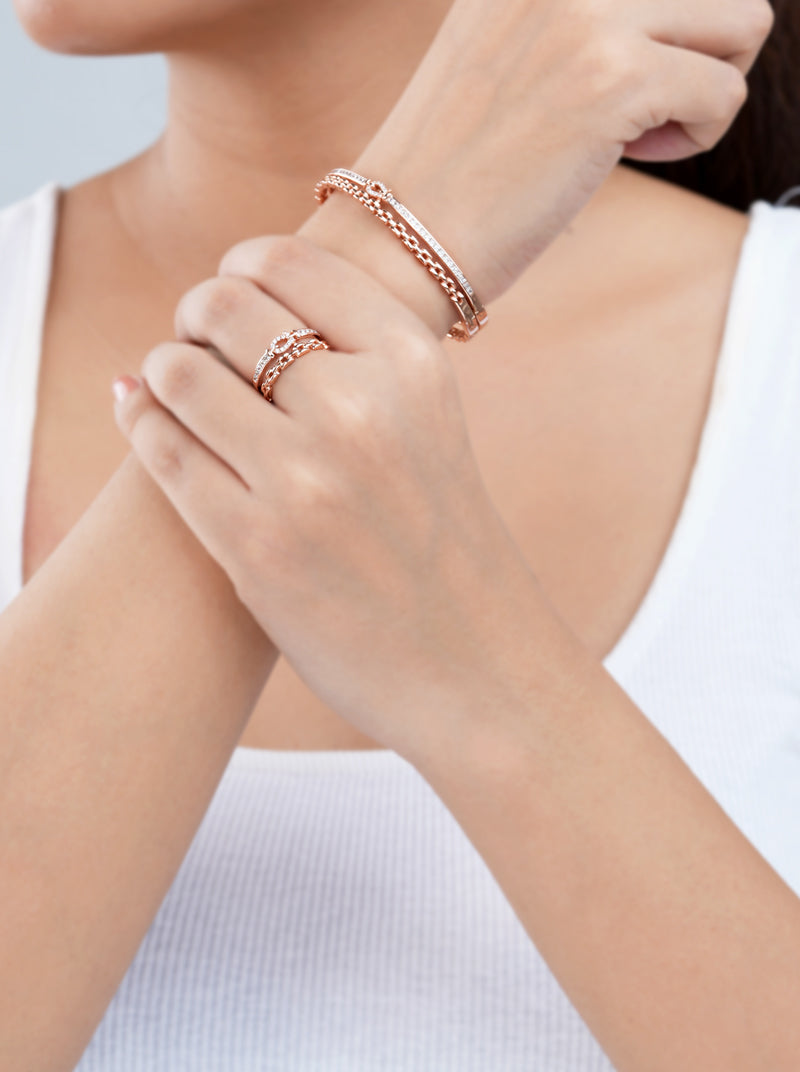 Double Layer Link Cuff Kada and Ring Set Rose Gold