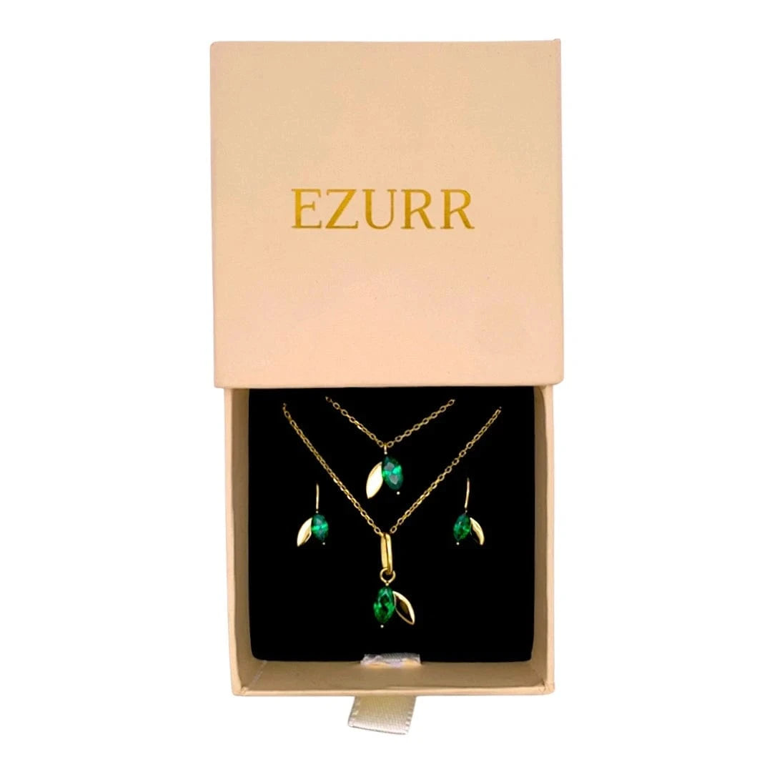 Green Leafy Sparkle Necklace Set (Pure Silver) - Gold