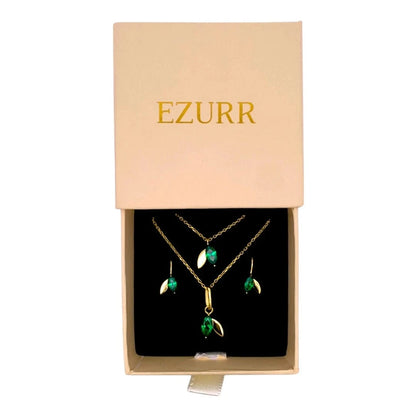 Green Leafy Sparkle Necklace Set (Pure Silver) - Gold