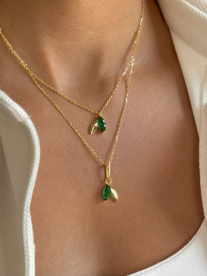 Green Leafy Sparkle Necklace Set (Pure Silver) - Gold