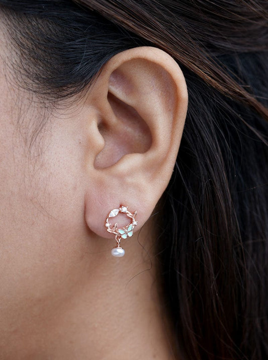 Butterfly Circle Drop Earrings Rose Gold