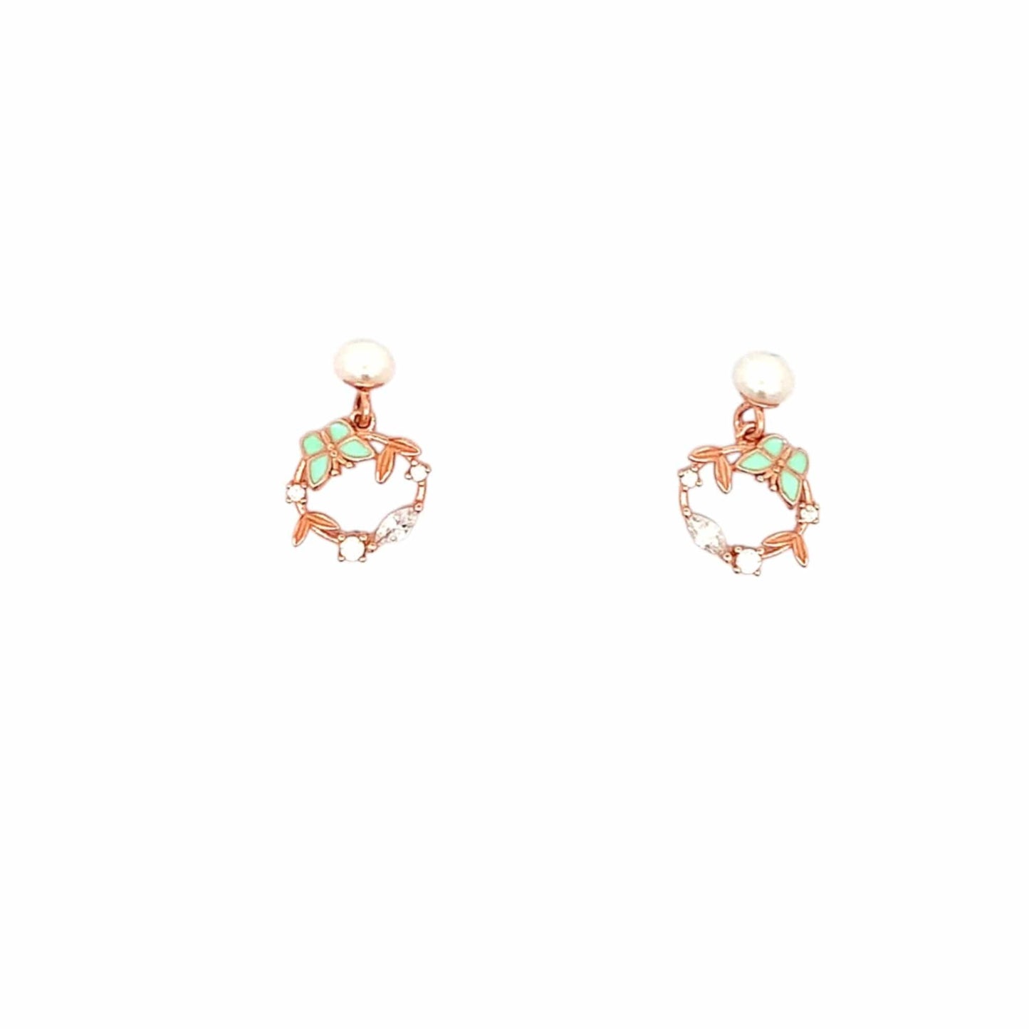 Butterfly Circle Drop Earrings (Pure Silver) - Rose Gold