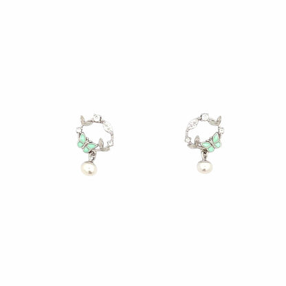 Butterfly Circle Drop Earrings (Pure Silver) - Silver