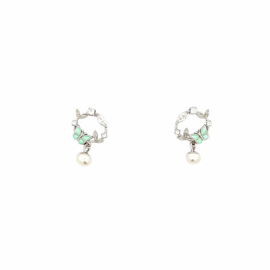Butterfly Circle Drop Earrings (Pure Silver) - Silver