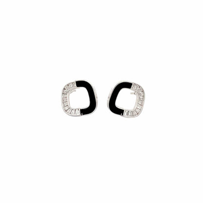 Twisted Black and White Stud Earrings (Pure Silver) - Silver