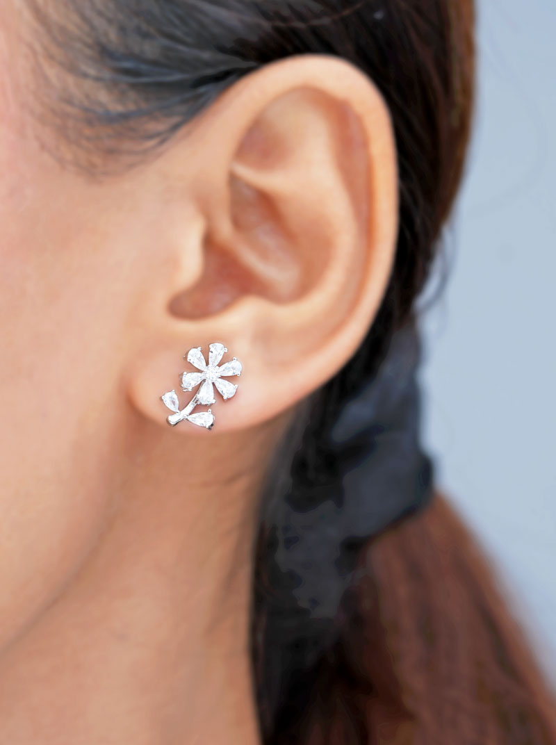 Flower Stem Stud Earrings Silver