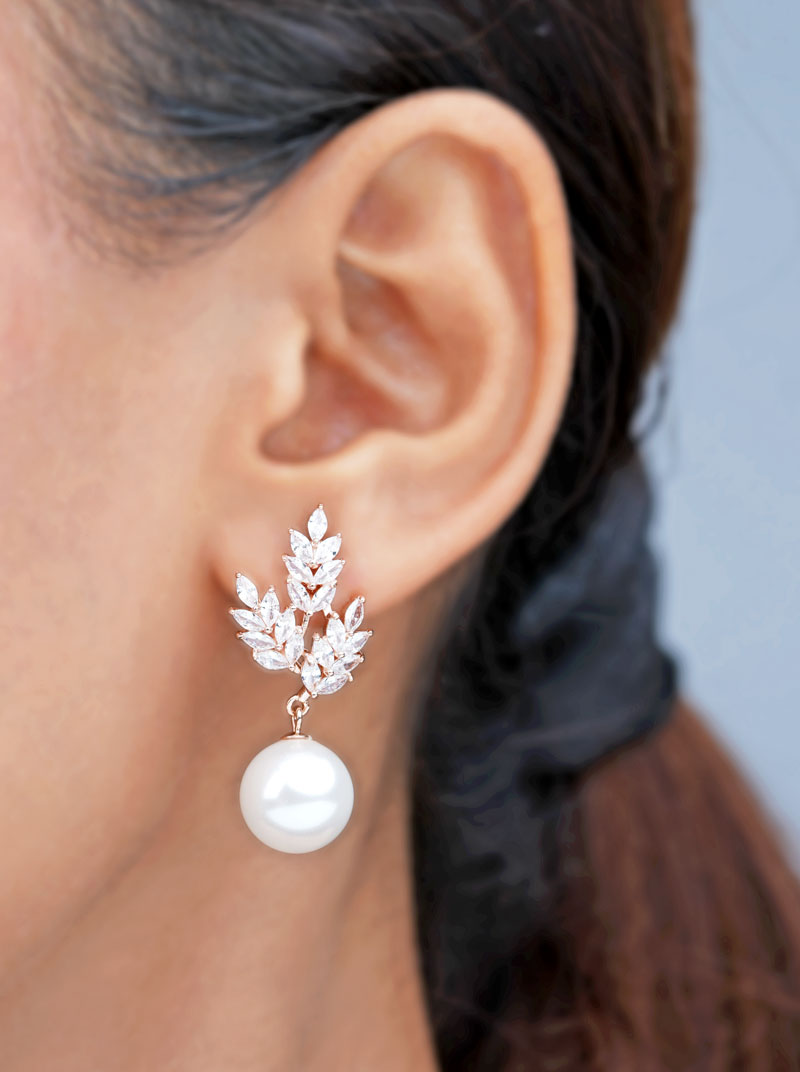 Leaves and Pearl Drop Earrings Rose Gold