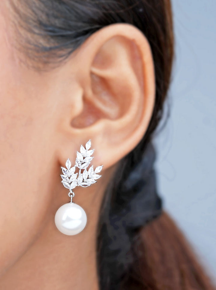 Leaves and Pearl Drop Earrings Silver