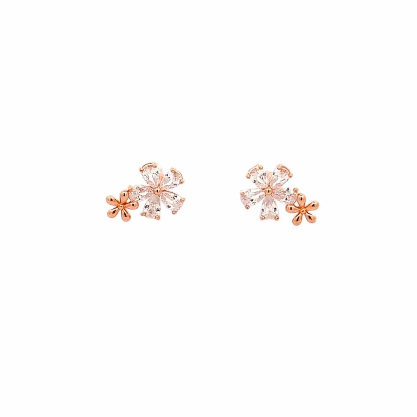 White and Gold Flower Stud Earrings (Pure Silver) - Rose Gold