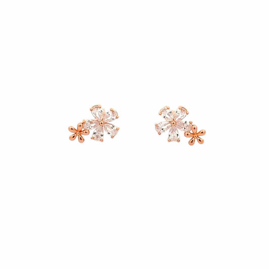 White and Gold Flower Stud Earrings (Pure Silver) - Rose Gold