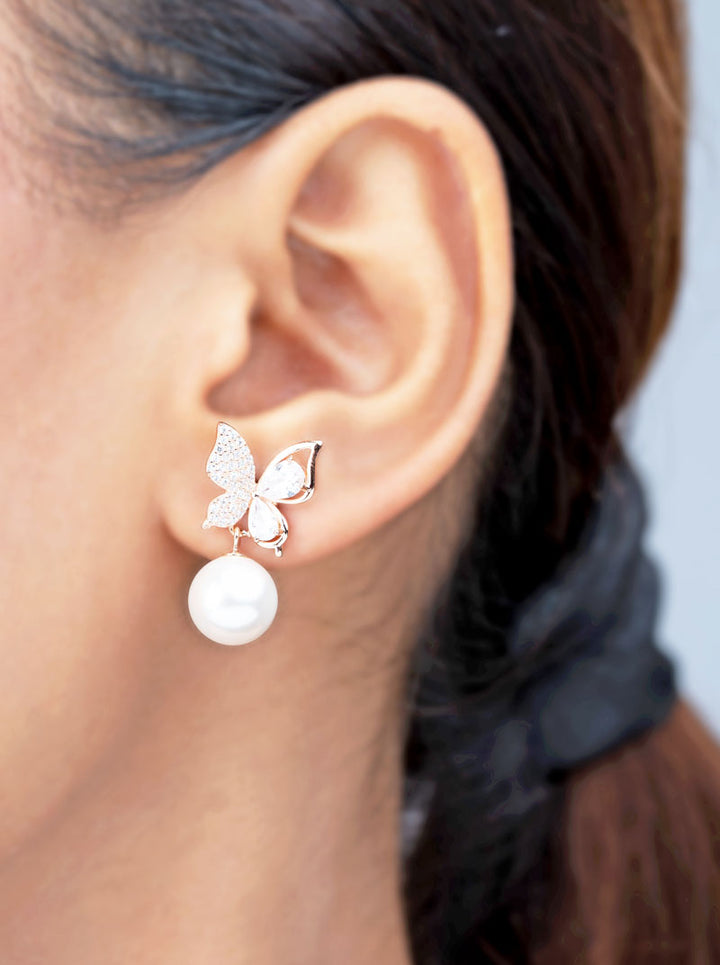 Pearl Butterfly Drop Earrings Rose Gold