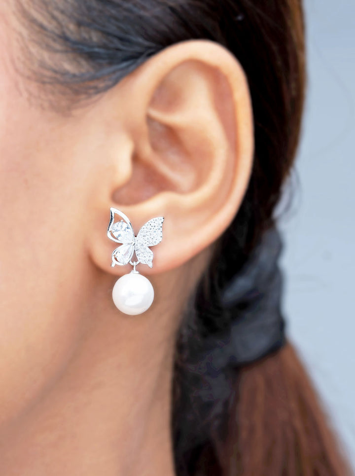 Pearl Butterfly Drop Earrings Silver