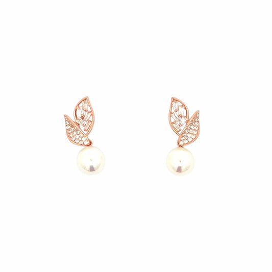 Two Leaves Pearl Drop Earrings (Pure Silver) - Rose Gold
