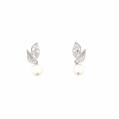 Two Leaves Pearl Drop Earrings (Pure Silver) - Silver