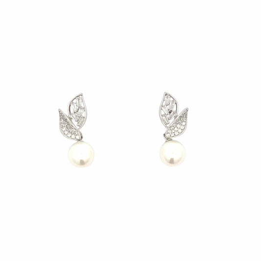 Two Leaves Pearl Drop Earrings (Pure Silver) - Silver