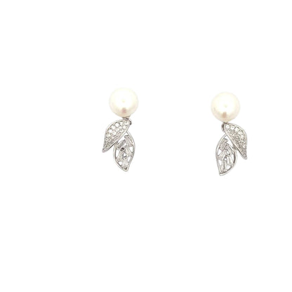 Two Leaves Pearl Drop Earrings (Pure Silver) - Silver