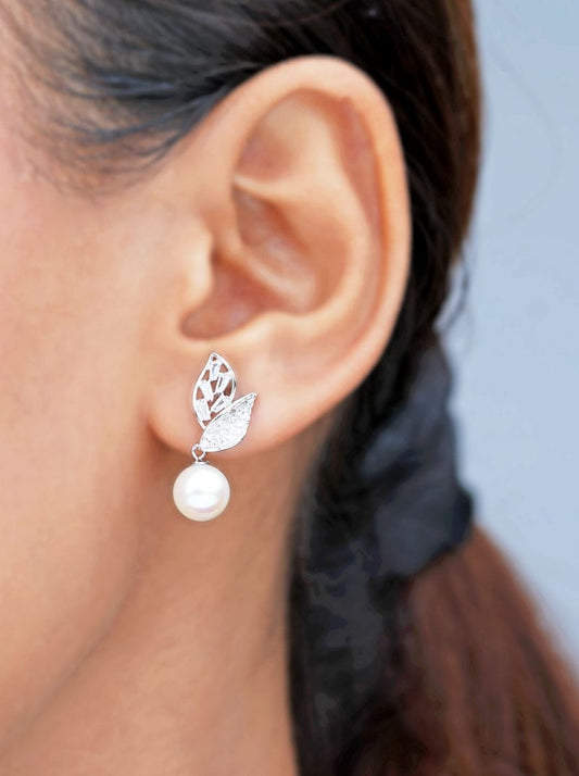 Two Leaves Pearl Drop Earrings Silver