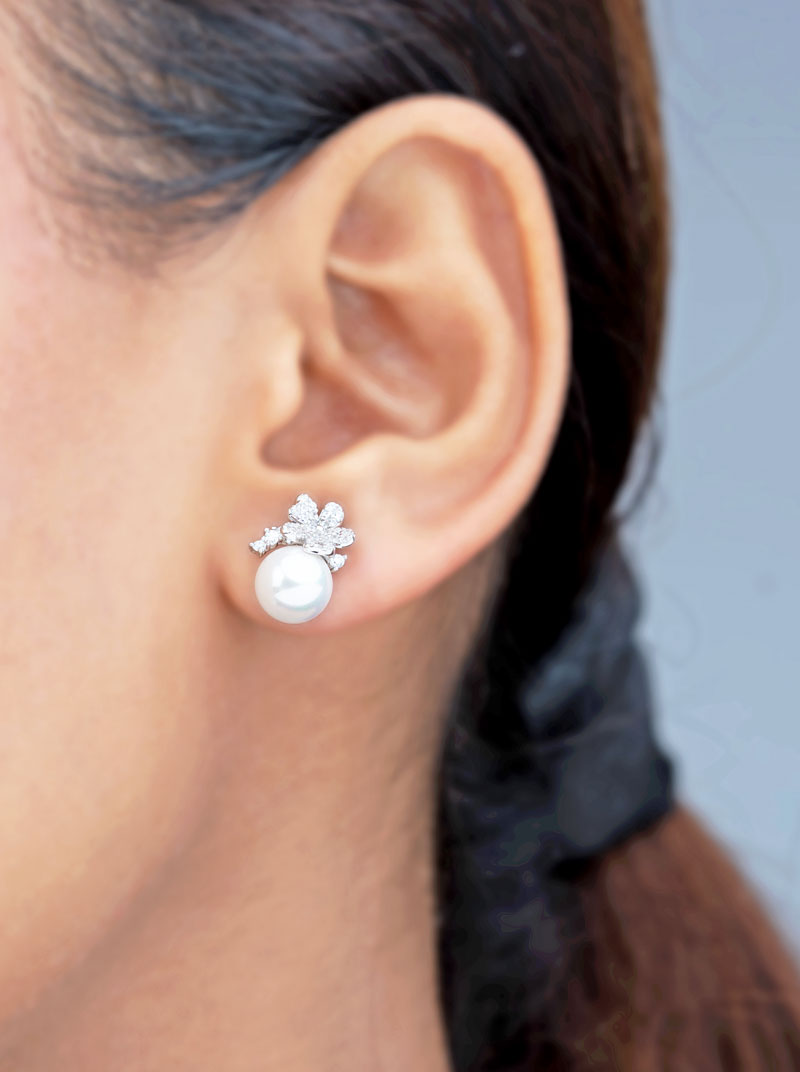 Pearl Cherry Blossom Stud Earrings Silver