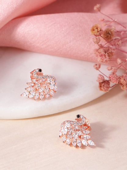 Flaunting Swan Stud Earrings (Pure Silver) - Rose Gold