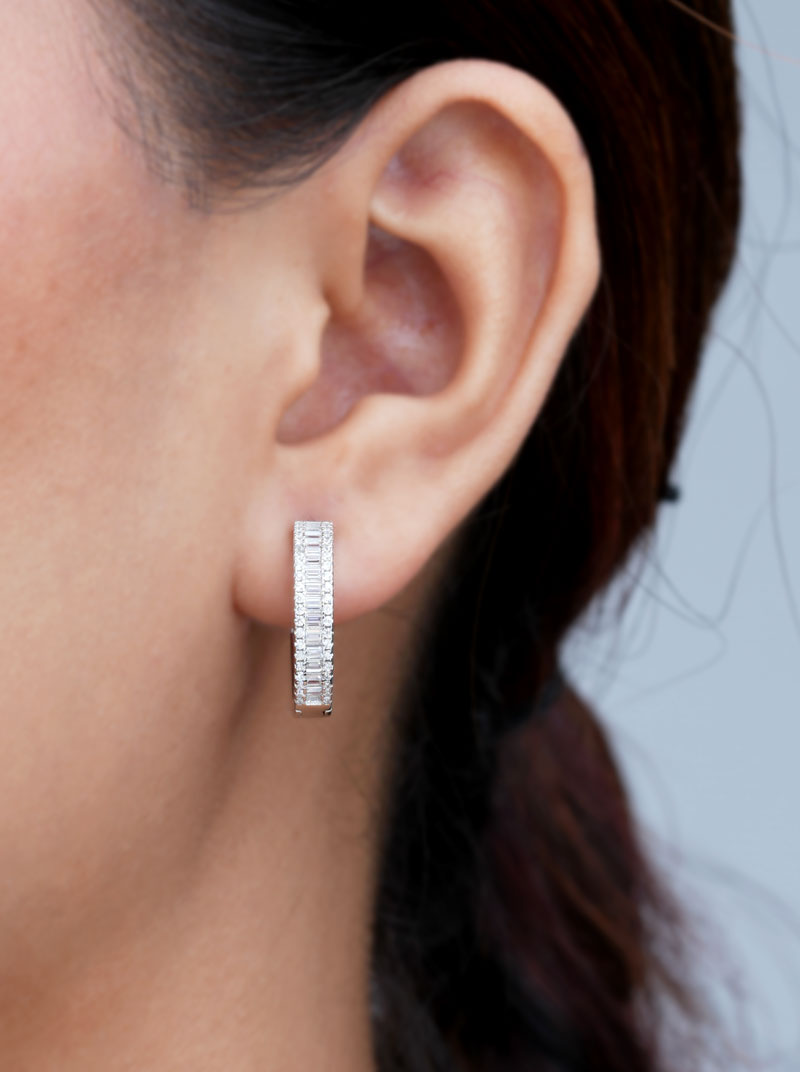 Baguette Round Huggie Earrings Silver