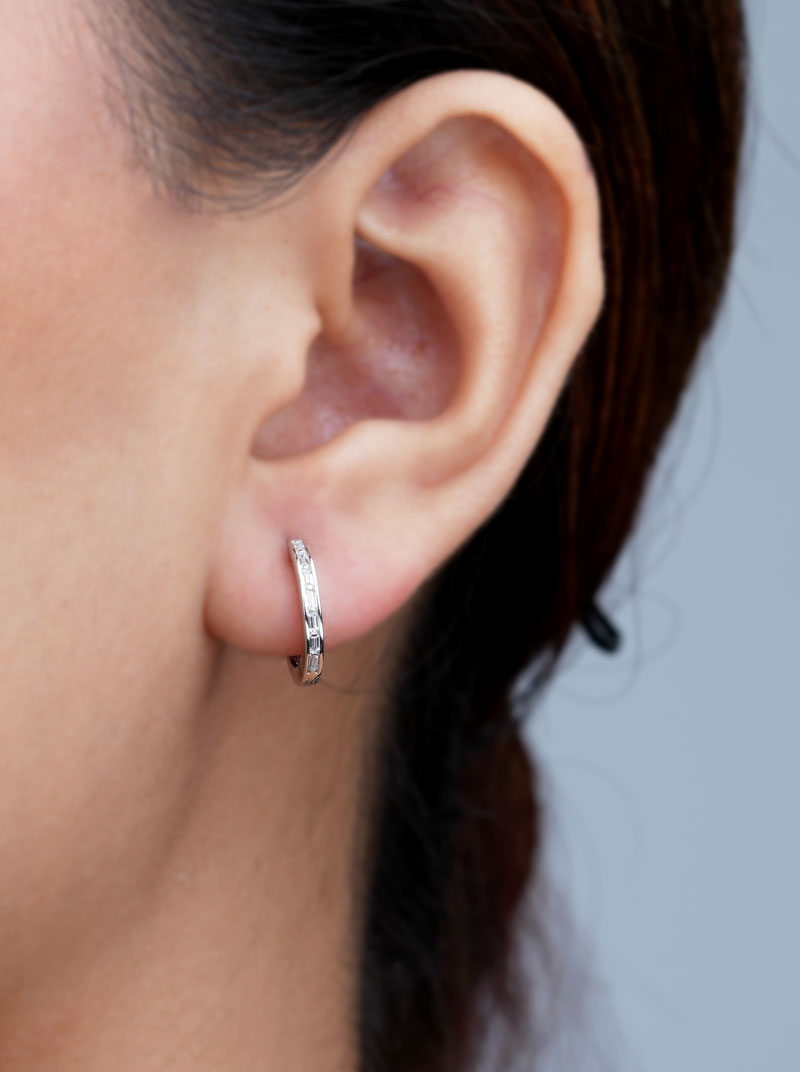 Baguette Cut Circle Huggie Earrings Silver